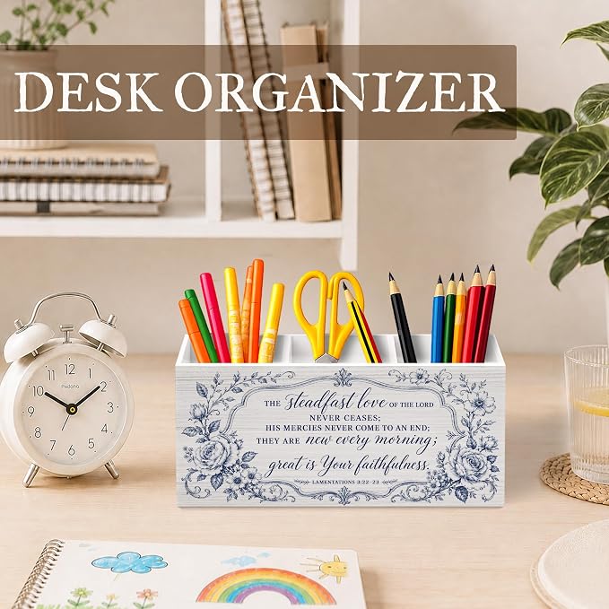 Inspirational Christian Floral Pen Pencil Holder for Desk, Christian Gifts for Women, Bible Verse Religious Wooden Pencil Holder Organizer Desk Accessories Decor for Home Office Desk