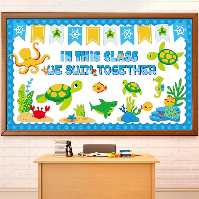 QOUBAI Sea Turtle Bulletin Board Set Ocean Themed Classroom Bulletin Board Decorations Under The Sea Turtle Cutouts Classroom Decorations for Back to School Office Home Chalkboard Decor Wall Door