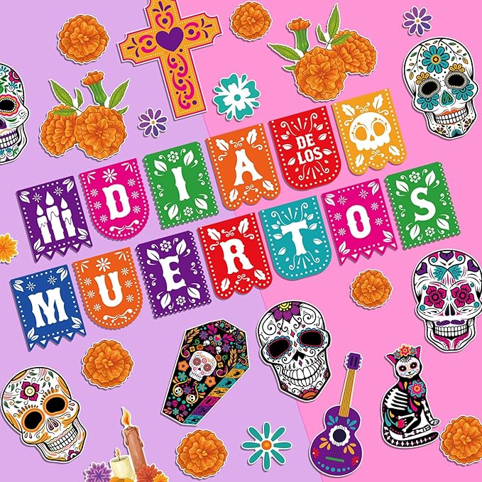 HOWAF 36 PCS Day of The Dead Bulletin Board Decorations, Dia De Los Muertos Mexican Paper Cutouts Bulletin Board Stickers with Glue for Classroom School Party Supplies Skull Cat Chrysanthemum Cutouts