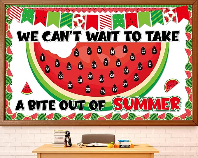 Summer Watermelon Countdown Bulletin Board Set Hello Welcome Summer Classroom Decoration Back to School Bulletin Board Colorful Wall Sticker Peel and Stick Cutouts for Classroom Chalkboard Wall Decor