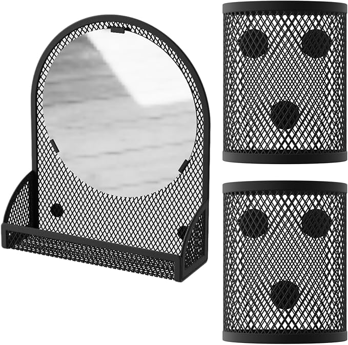 Svartur Black Magnetic Mirror with 2 Pencil Holders, Locker Organizer for Work, School, Office, Gym, Fridge