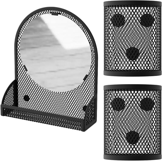 Svartur Black Magnetic Mirror with 2 Pencil Holders, Locker Organizer for Work, School, Office, Gym, Fridge