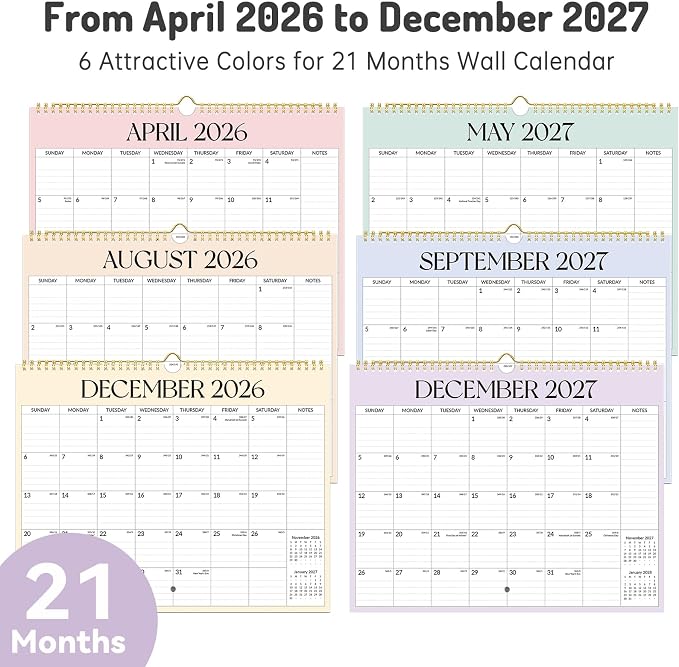 2026 Calendar, Forvencer 21-Month Wall Calendar 2026, Apr 2026 - Dec 2027, 14" x 11" Large Monthly Planner Calendars with Notes Section & Stickers, Ruled Block, Spiral Binding Hanging for Home Office