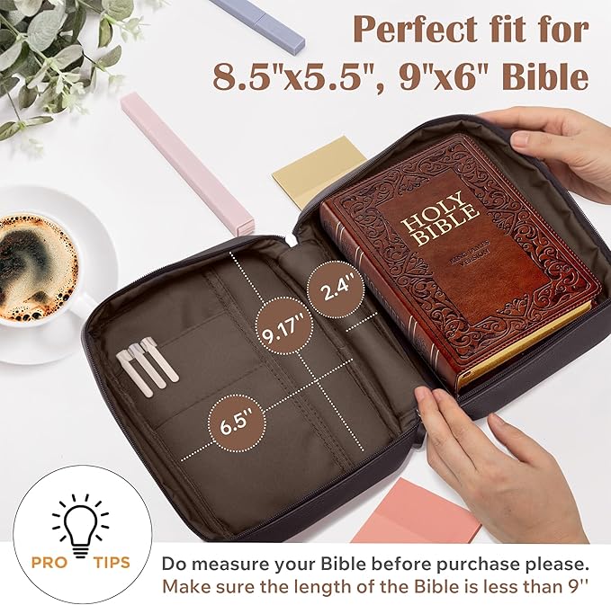 Small Bible Cover Case for Women and Men, 9x6 PU Leather Bible Sleeve, Compact Travel Bible Carrier Bag with Front Pen Holders, Zipper Closure, Inner Pockets - Coffee Brown