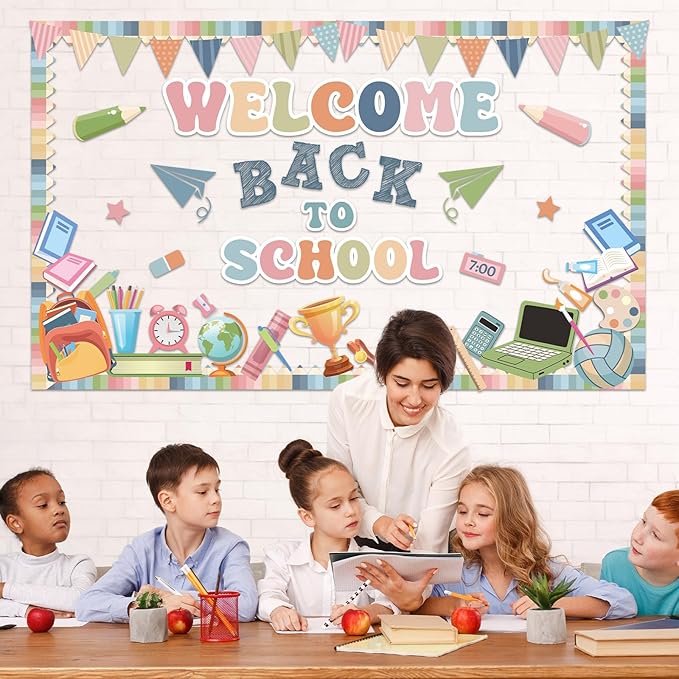 Boho Welcome Back to School Bulletin Board Set First Day of School Classroom Decorations Pencil Notebook Schoolbag Paper Cutouts for Teacher Preschool Elementary Classroom Chalkboard Wall Door Decor