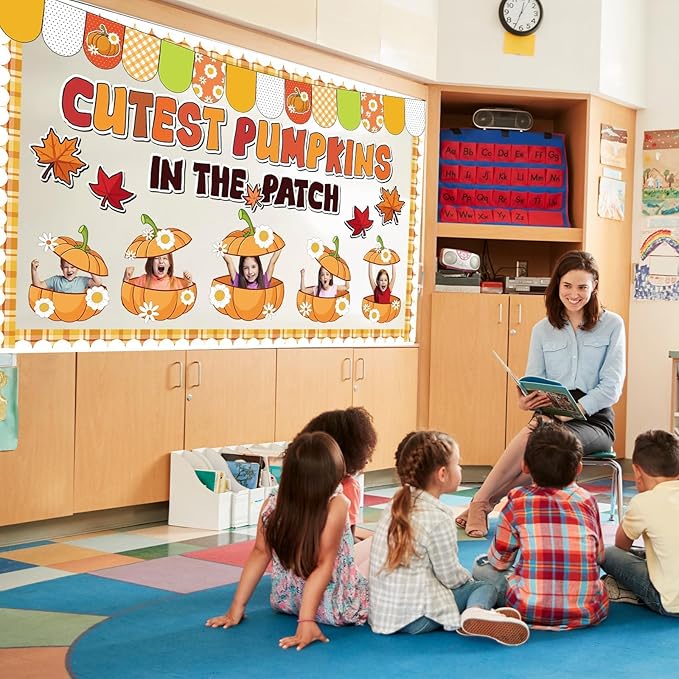 Thanksgiving Pumpkin Bulletin Board Fall Pumpkin Classroom Decorations Autumn Flower DIY Photo Crafts Cutout Pumpkins in The Patch Classroom Decor for Thanksgiving School Office Chalkboard