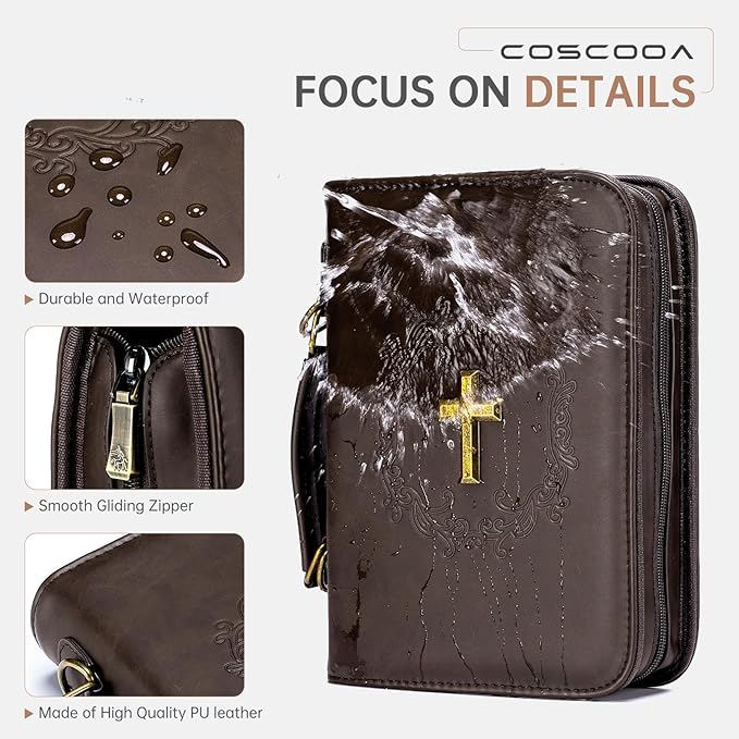 Large Bible Cover Case Church Bag with Detachable Shoulder Strap,Brown PU Leather Bible Bag for Men, Bible Protective Book Holder,Christian Gift for Men Women