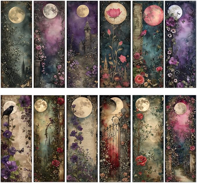 Moonlit Night Garden Bookmarks Gifts - Cosmisun 120 Pcs Fantasy Floral Bookmark Paper Vintage Flower Castle Book Marks Page Marker Clip Favors for Women Men Office Home Book Lovers Reading Supplies