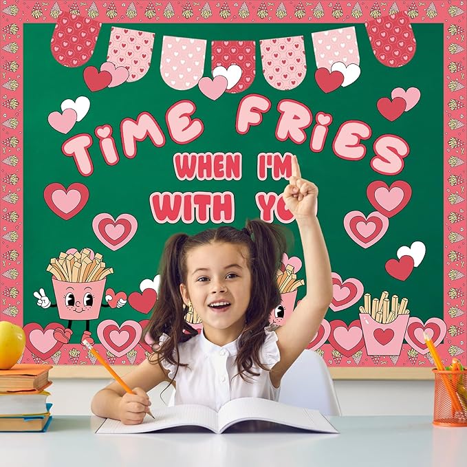 Zhanmai 74 Pcs Valentine's Day Fries Bulletin Board Set, Valentines Classroom Door Decor French Fries Bulletin Board Trim Red Pink Heart Cutouts for Chalkboard Wall Home Decor