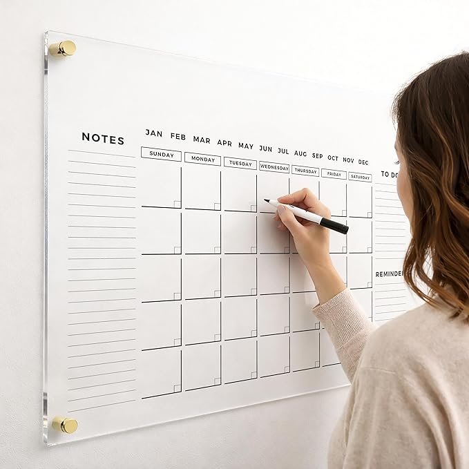 Acrylic Dry Erase Monthly Wall Calendar with 3 Side Headers - Reusable Family Planner, Schedule Organizer Board, Housewarming Gift (Gold Standoff, 28"x20")