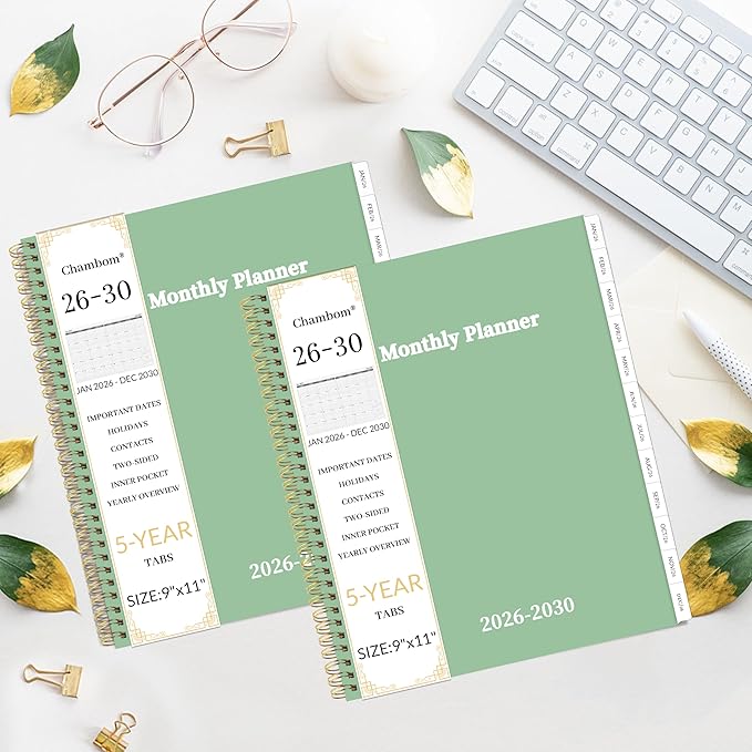 2026-2030 Monthly Planner 5 Year Monthly Planner/Calendar 2026-2030, Jan 2026 – Dec 2030, 9" x 11", Tabs, Double-Side Pocket, Holidays, Thick Paper - Green