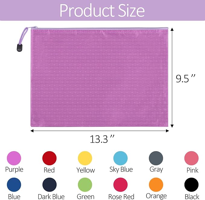 12pcs Zipper Pouch with Labels, Waterproof Pencil Storage Bags for Office Supplies Travel Accessories, A4 Size, 12 Colors