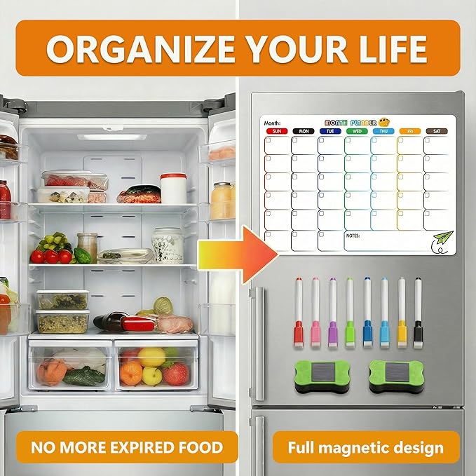 Li&Zhao Magnetic Calendar for Refrigerator - Calendar for Fridge Month Planner Whiteboard Sticker with 2 Erasers & 8 Colorful Markers - Perfect for Kitchen Meal Planning and Schedule Organizing