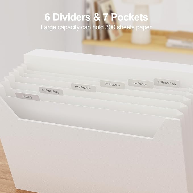 JiaWei Expanding File Folder with Pockets, White Accordian Filing Folder with 7 Pockets. A4 Letter Size Documents Organizer with Labels for Receipt and File Organizer.