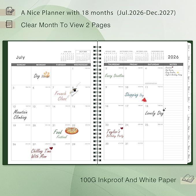 2026-2027 Monthly Planner - 2026-2027 Planner/Calendar, Jul 2026 - DEC 2027, 9" x 11", Thick Paper, Twin-Wire Binding, Monthly Planner with Tabs & Pocket & Label, Green