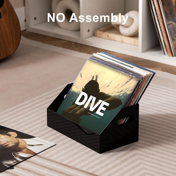 eletecpro No Assembly Acrylic Vinyl Record Storage with Handle, Holds up to 40 LPs, Multifunctional Record Holder Crate for Storing Album Covers, Modern Desk Organizer for Home, Black Vinyl Display