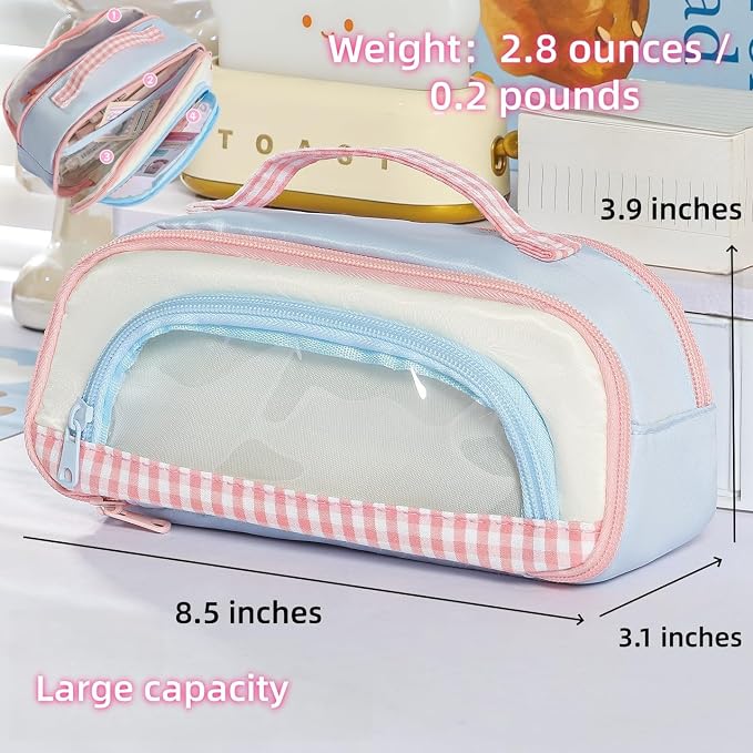 Cute Kawaii Pencil Case Pouch Sweet Check Window Pen Box Holder Organizer for Office Workspace Supplies Desk Accessories Travel Essentials Aesthetic Trendy Cool Stuff Gift Handy Handle (Black)