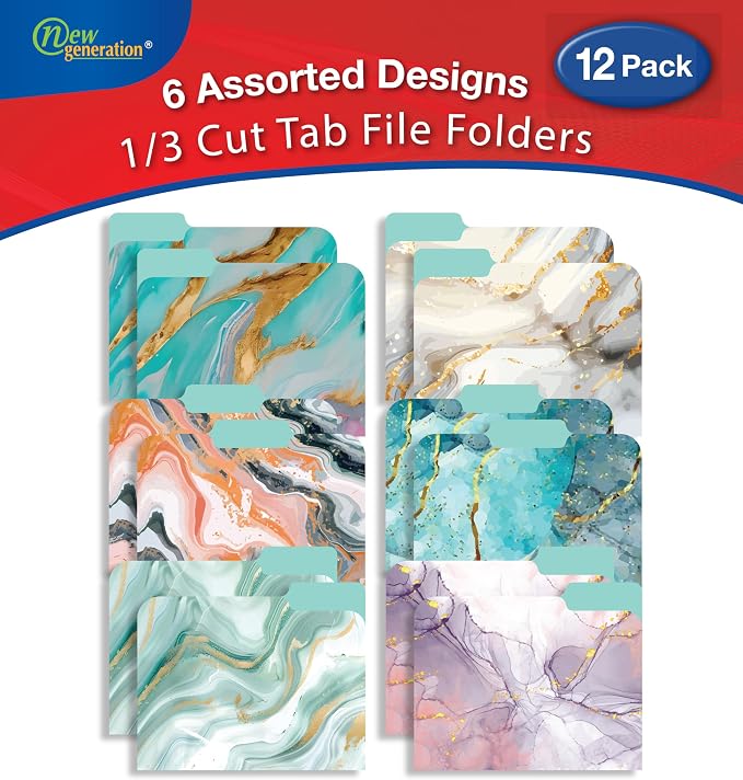 Decorative File Folders 1/3 Cut Tab, 12 Pack Marble Design, Heavyweight Laminated Letter Size (9.5” x 11.5”), Stylish Fashion File Folders for Home, Office & School Organization (Marble)