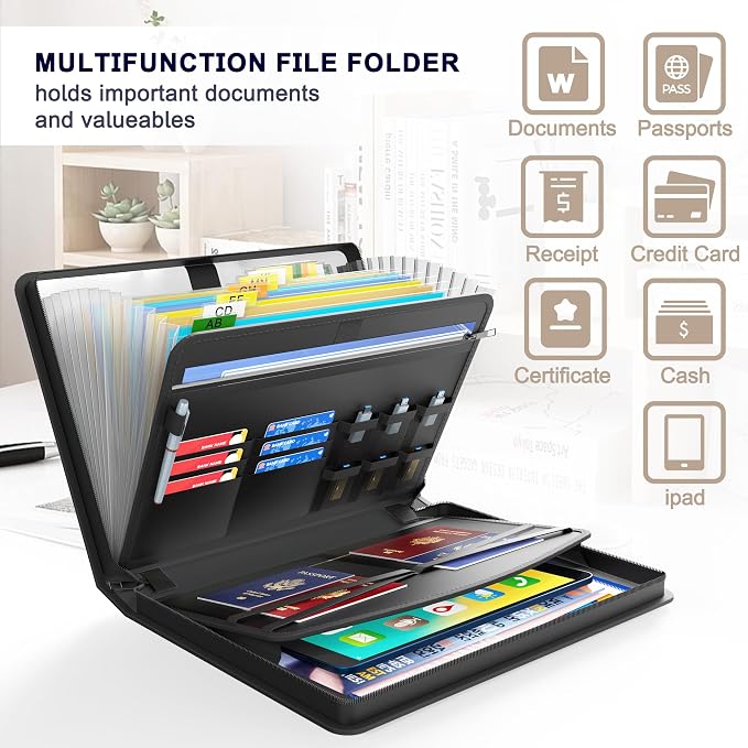 Hontom Accordion File Organizer,5200℉ Fireproof Document Organizer with 13 Pockets,Portable Travel Home Safe Storage File Folder Binder with Zipper for Letter Important Document,Paper,Receipt