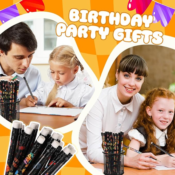 Sabary 24 Pcs Happy Birthday Pencils Colorful Birthday School Student Supplies Unsharpened HB Pencils with Erasers Stationery Bulk for Teacher Classroom Reward Party Supplies (Black)