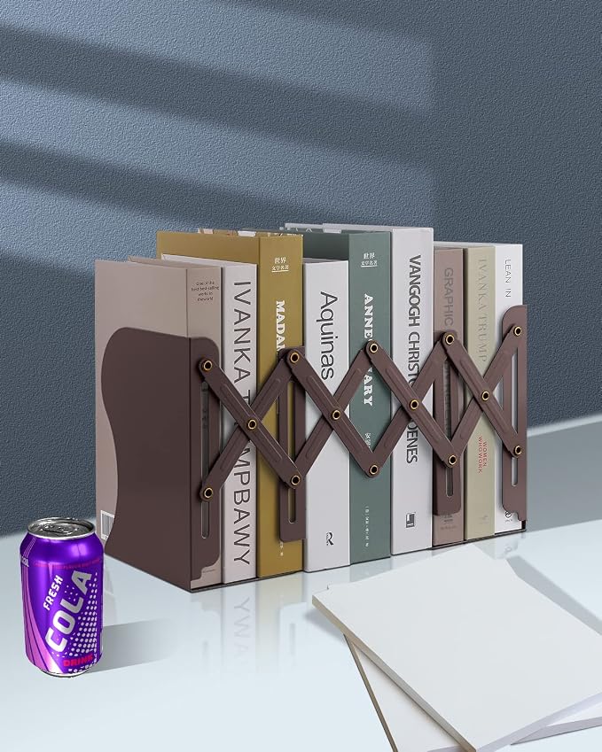 MSDADA Adjustable Bookends, Book Ends for Heavy Books, Expandable Book Organizer for Desk, Shelf, Office, School, for 6 7 8 9 10 11-15 Boys and Girls, Extends up to 19 inches (Brown)