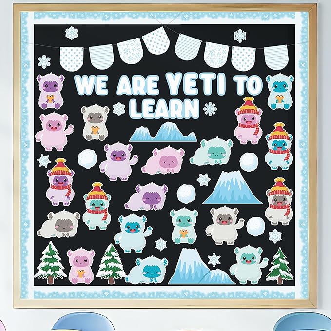 Christmas Bulletin Board Decoration - 123pcs Snow Monster Cutout with Banner Decor Set, Winter Yeti Fireplace Chalkboard Classroom Wall Accents Ideas Kits for School Class Home Supplies