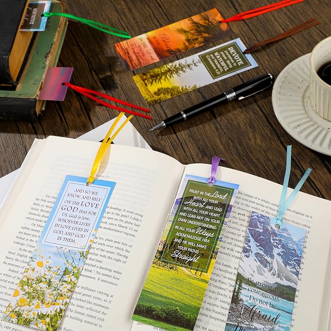 Spakon 120 Pcs Landscape Bible Verse Inspirational Bookmarks Scripture Christian Motivational Bookmarks Encouragement Verse Page Marker with Colorful Ribbons Gifts for Women Men Church Office Supplies