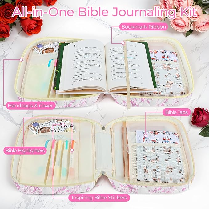 WOBAGMEN Bible Cover Case for Women,Large Bible Tote Bags Organizer Quilted Carrying Case for Girls,Bible Study Supplies Accessories Christian Gifts for Women (Purple Floral, M)