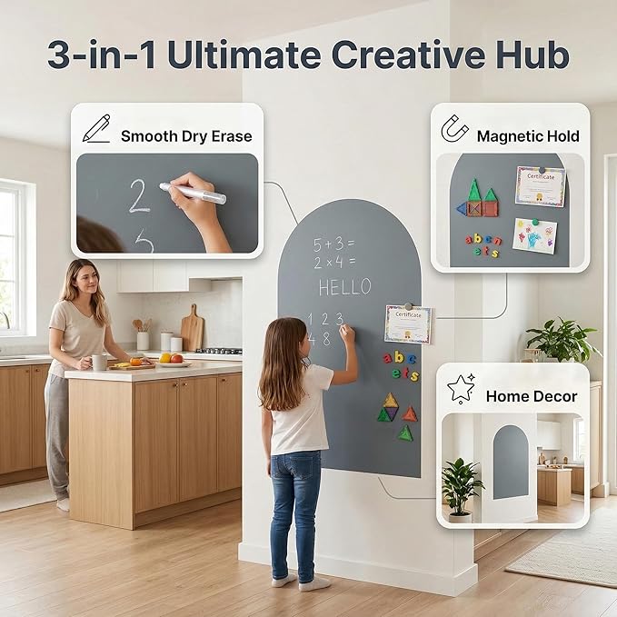 Magnetic Arch Wall Decal: Large 39.4"x23.6" Strong Adhesive Screen Free Chalkboard for Wall - Modern Playroom Decor & Homeschool Learning Station for Toddlers 1-4 & Kids 5-10 (Quiet Gray)