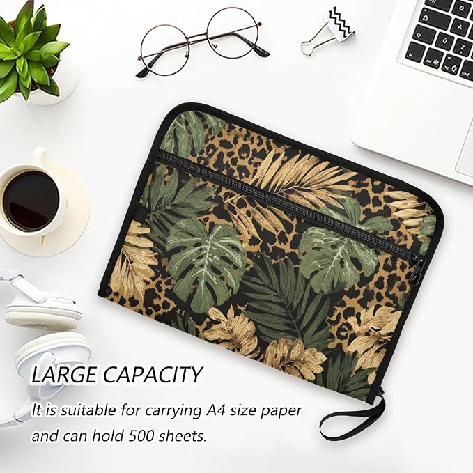 ALAZA Retro Palm Leaves Leopard Spots Expanding Filing Folder, 13 Pockets Expandable Document Organizer Folder with Zipper Closure for Home Office A4 Letter Size Paper Document