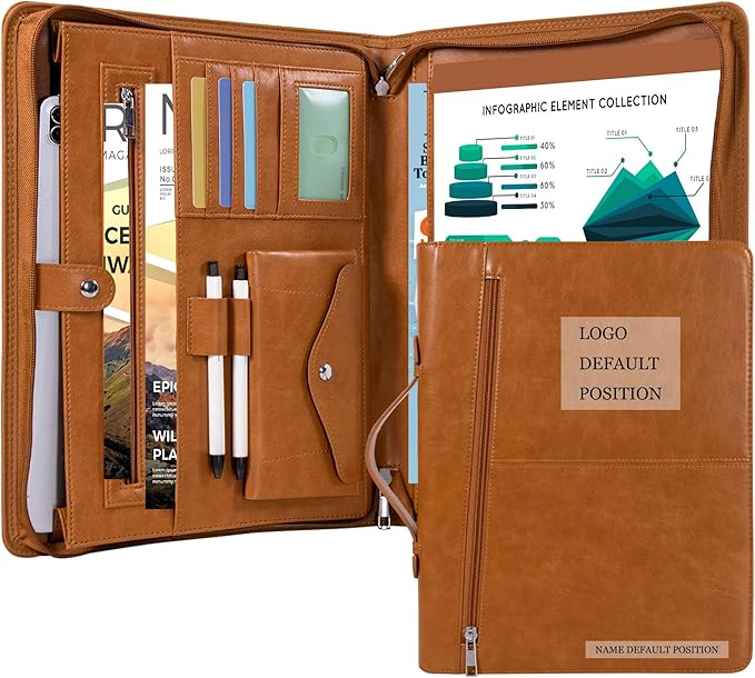 Calfinder Personalized Portfolio for Women&Men, Free Name Engrave,Customized Leather Padfolio, Business Portfolio with Zipper and Handle for Ipad, Document