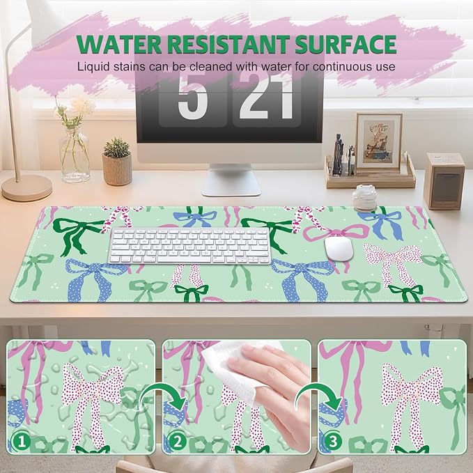 Cute Desk Pad Mouse Pad, Large Gaming Mouse Mat with Stitched Edges, Non-Slip Waterproof Rubber Base Mous Mat for Office Computer Keyboard Laptop Home Decor Women Girl (35.4X17.5 in), Green Pink Bows