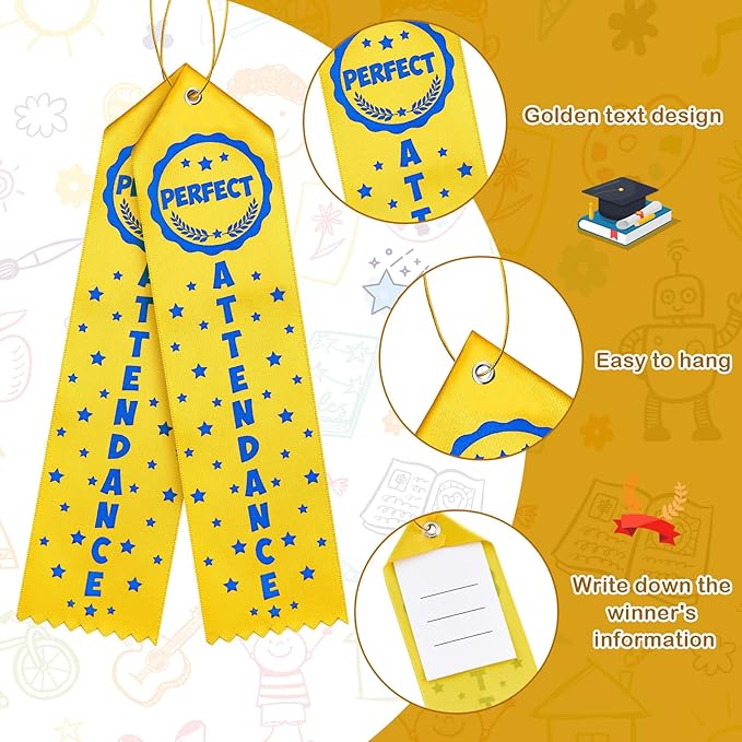 Taiyin 100 Pcs Award of Perfect Attendance Award Ribbons Prize Perfect Attendance Ribbon with Event Card and Rope for Kids Competition, Sports Event, Contests, School, Office Team