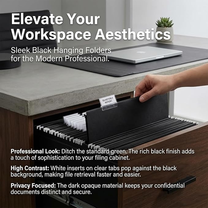 VZCPYTPM 25 Pack Hanging File Folders,Letter Size 8.5x11 Inch,Black Hanging Folders for Filing Cabinet,Reinforced Rods for Smooth Gliding,1/5 Adjustable Tabs & Inserts,Ideal for Home,Office & School