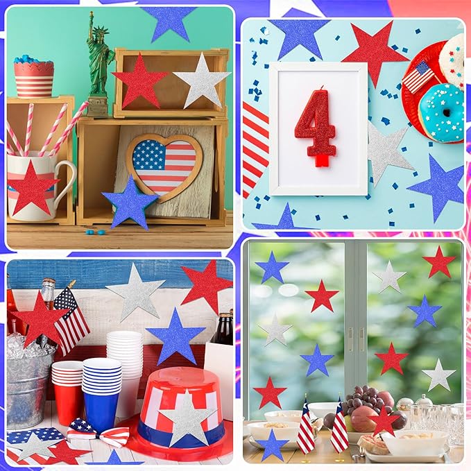 JUNEBRUSHS Patriotic Stars Cutouts, 48Pcs Double Sided Glitter Stars Cutouts 4th of July Paper Star Classroom Bulletin Board Decoration for Independence Day Wall Decor Craft Supplies