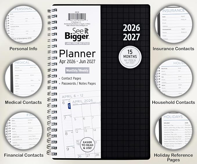 PlanAhead 2026 Planner - 8.75"x5.75" 15 Month Weekly & Monthly Academic Planner Notebook with Tabs - Black Grid Design - Spiral Calendar Agenda for School, Work & Office