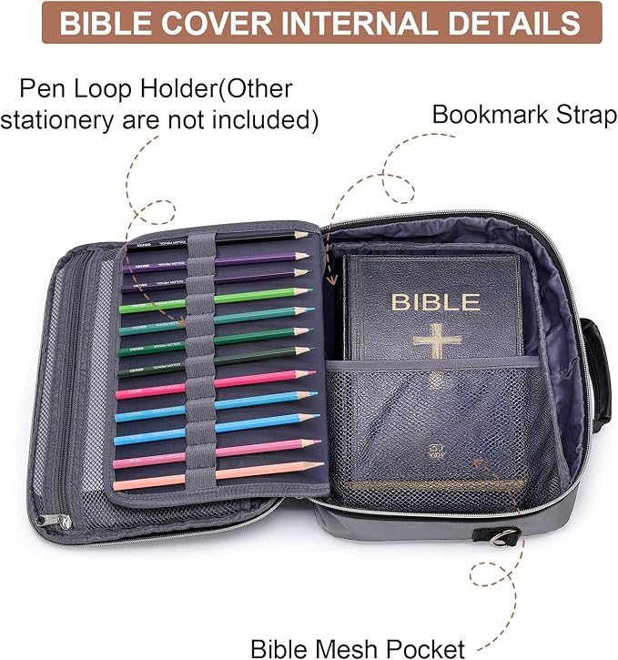 Bible Cover Case for Women, Large Bible Bag with Shoulder Strap, Quilted Book Carrying Case with Handle, Bible Study Supplies & Christian Gift for Women, Grey