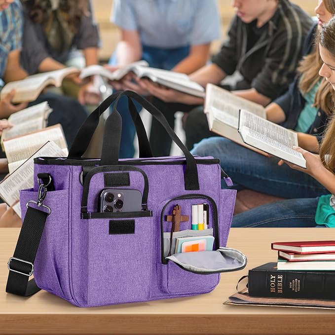LUXJA Large Bible Bag with Water Bottle Pocket and Shoulder Strap, Bible Tote Bag for Women with Multiple Pockets (Bag Only), Purple