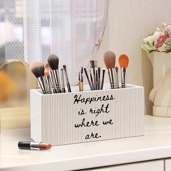 Motivational Pen Holder, Inspirational Office Pen Pencil Holder Organizer for Desk Accessories, Happiness Is Right Where We Are Striped Wooden Box Desk Decor for Home Office Desk Decorations