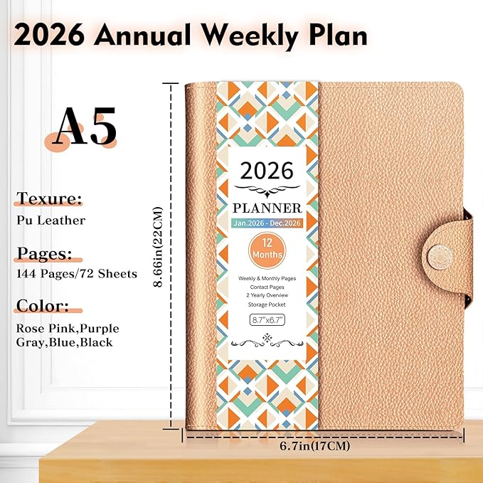 2026 Weekly & Monthly & Daily Planner from Jan 2026 - Dec 2026, 8.7" X 7", Planner Notebook 2026 with Pu Leather Cover 12 Monthly Tabs, Perfect Organizer, Rose Pink