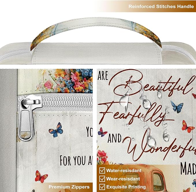 Vintage Red Truck Floral Bible Cover for Women, Scripture Verse Canvas Bible Case with Handle and Zipper Pocket, Fits Standard Size Bible, Christian Gift for Mom, Church Study Bag