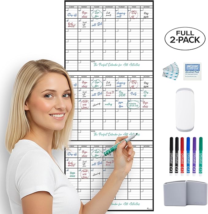 (2 PK) 3 Month Dry Erase Calendar for Wall, 40x17, 3 Month Wall Calendar Dry Erase, Big White Board for Office, Home & School, Erasable Whiteboard, Monthly Undated Reusable White Board Planner