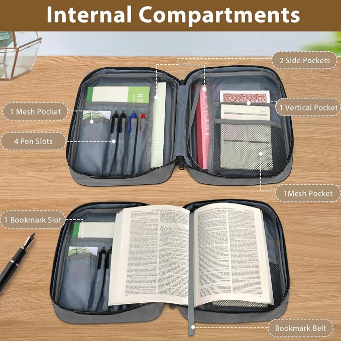 Bible Cover with Durable Handle, Carrying Book Case Church Bag Bible, Protective with Zippered Pocket, Bible Study Accessories Supplies, Book Protector for Book Lovers, Grey