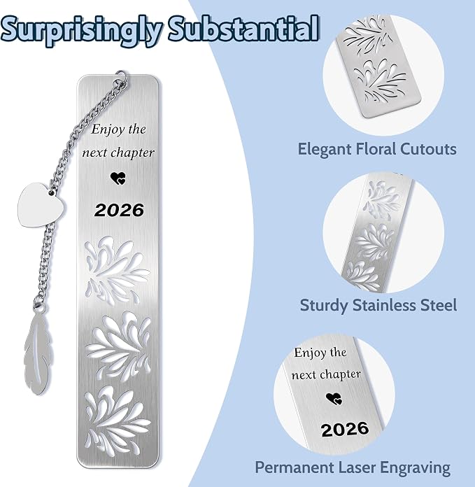 Happy Retirement Gifts 2026, Graduation Bookmark, Enjoy The Next Chapter, Stainless Steel Bookmark for Women Men, Retirement Gifts for Coworker, Teacher Appreciation Gift, Graduation Gifts, Silver