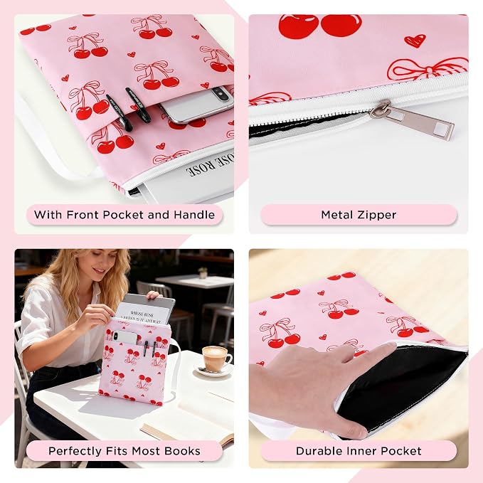 Book Sleeve with Zipper, 11''x 9'' Waterproof Paperback Sleeve for Book Lovers Books Pouch Cover with Handle for Hardcovers Kindle Sleeve for Reader Teacher Women (Red Cherries, 11x 9 inch)