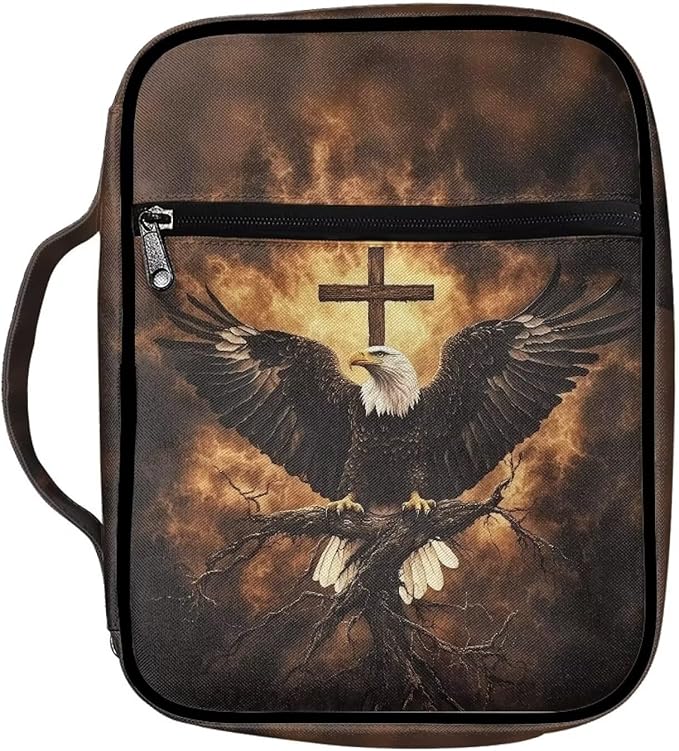 Suobstales Eagle Cross Fire Print Bible Cover Carrying Book Case for Women Men Lightweight Bible Bag Bible Protective with Handle and Zippered Pocket