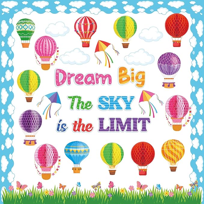 Pajean 66 Pcs Dream Big the Sky is the Limit Bulletin Board Sets Hot Air Balloon Cloud Borders 3D Honeycombs First Day of School Classroom Bulletin Board Decorations