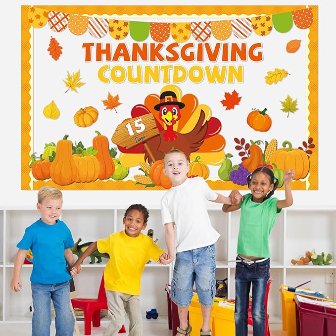 Thanksgiving Countdown Bulletin Board Decorations Fall Thanksgiving Turkey Paper Cutouts Autumn Maple Leaf Pumpkin Classroom Bulletin Board Set for Harvest Party School Chalkboard Wall Decor Supplies