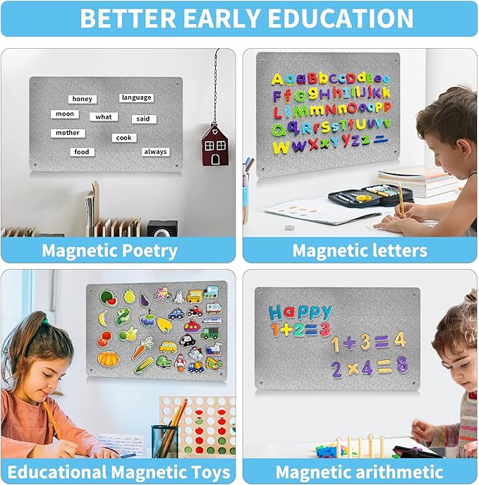 17.7" x 11.8" Metal Magnetic Board - Magnet Bulletin Board to Display Magnetic Letters Numbers Animal, Poetry, Spice Jars, Notes, Photos, Suitable for Wall, Refrigerator, Cubicle, Cabinet