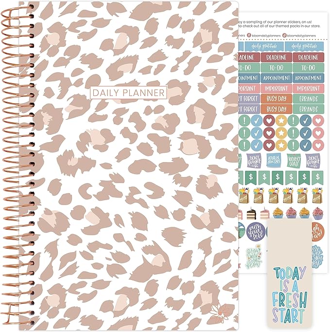 bloom daily planners UNDATED Calendar Year Day Planner - Passion/Goal Organizer - Start Anytime Monthly/Weekly Agenda Book with Tabs (January to December) - 5.5" x 8.25" - Tan Leopard